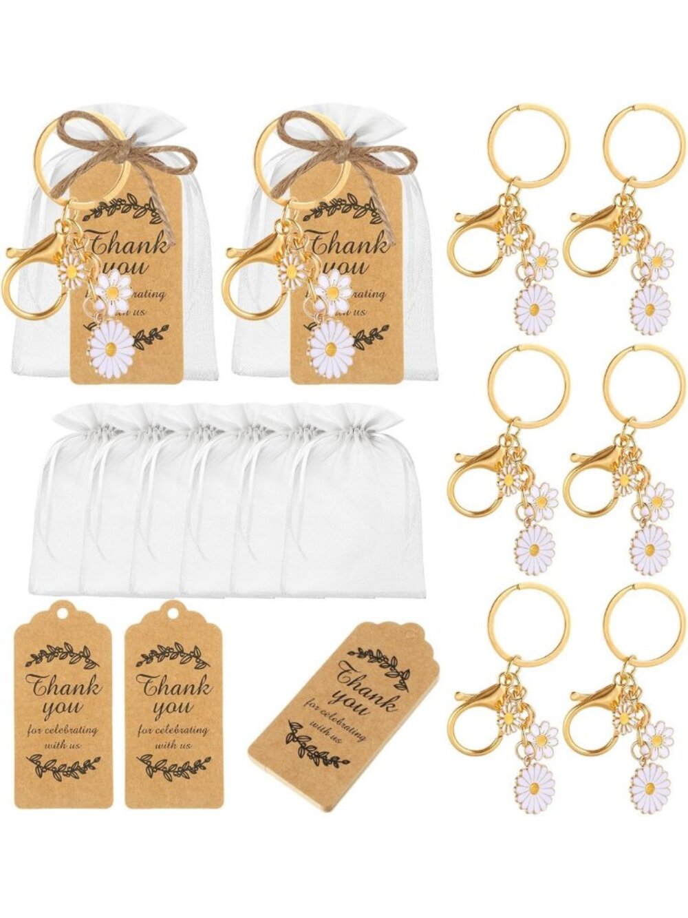 20 Flower Keychains Set for Weddings, Parties & Baptism Favors - White Sunflower
